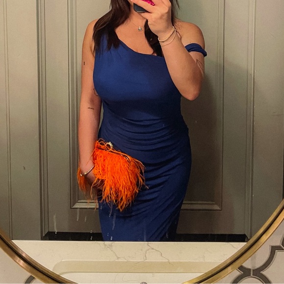 Cobalt Blue Asymmetrical Shoulder Midi Dress - Picture 3 of 4